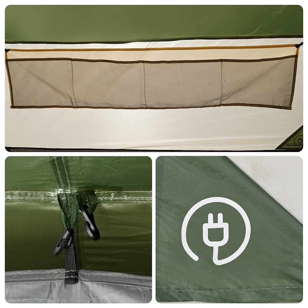 Detail van de gaaswand van de vidaXL tunneltent met opbergvakken en kabeldoorvoer.