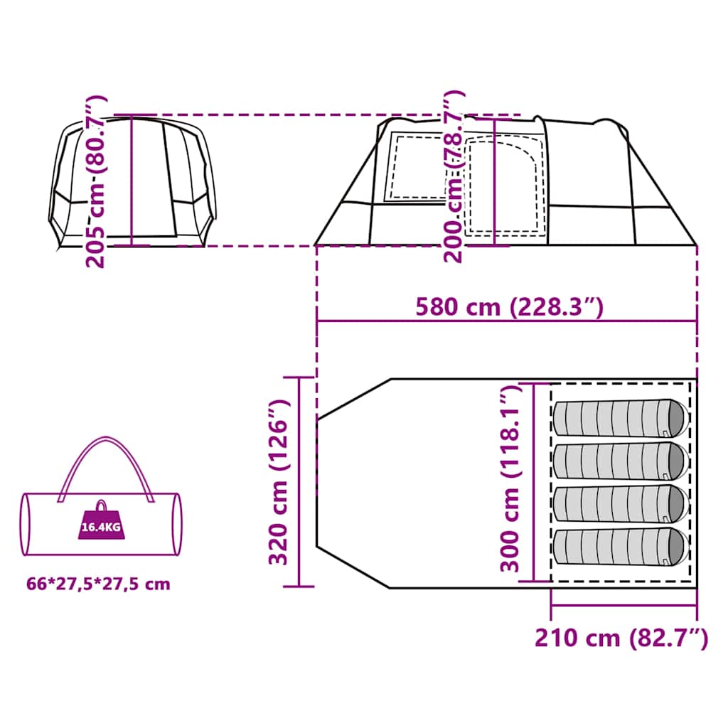 Detail van de afmetingen en indeling van de vidaXL 4-persoons tunneltent in groen.