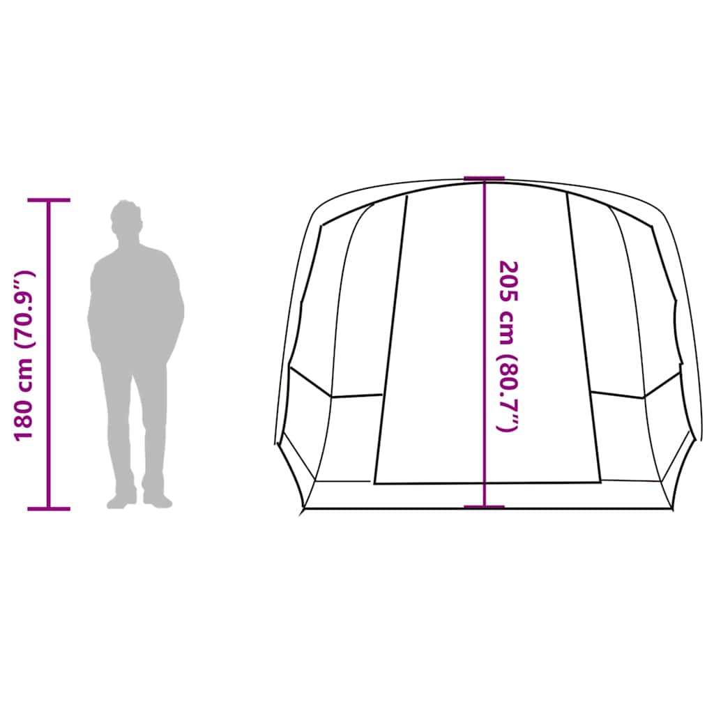 Detail van de vidaXL 4-persoons tunneltent met afmetingen en zijaanzicht.