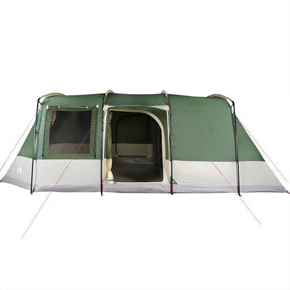 Detail van de vidaXL 4-persoons tunneltent met groene en grijze kleuren en ventilatieroosters.