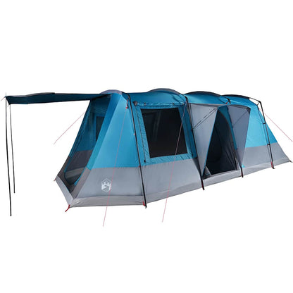 Zijaanzicht van de vidaXL 4-persoons tunneltent in blauw met ventilatieroosters.