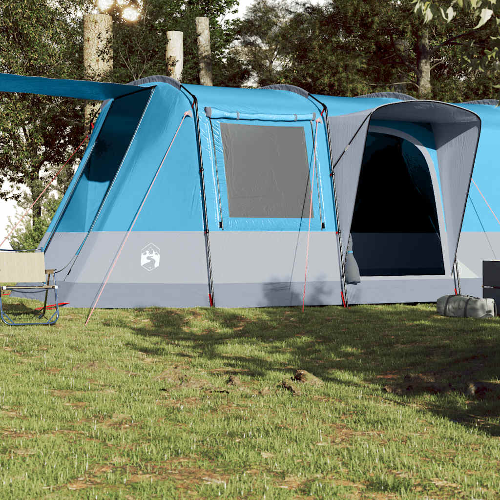 Zijaanzicht van de vidaXL tunneltent in blauw met grijze details en ventilatieroosters.