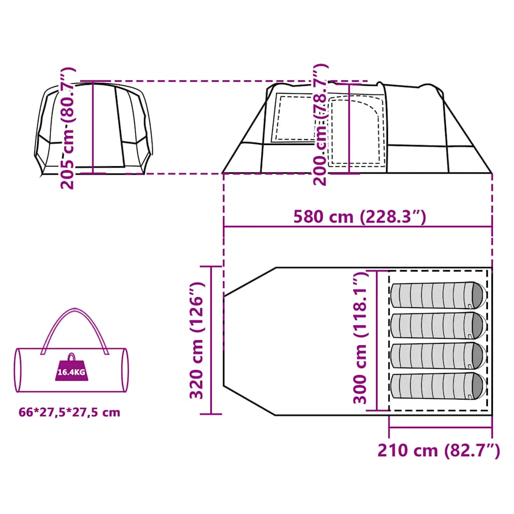 Detailweergave van de afmetingen en indeling van de vidaXL 4-persoons tunneltent.