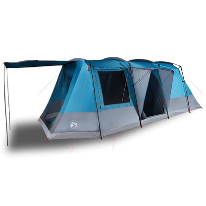 Zijaanzicht van de vidaXL 4-persoons tunneltent in blauw met ventilatieroosters.