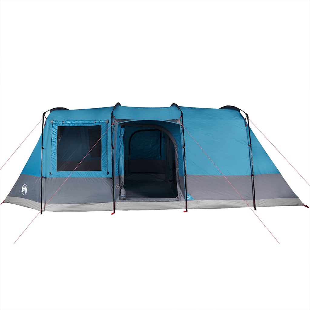Zijaanzicht van de vidaXL 4-persoons tunneltent in blauw met ventilatieroosters.