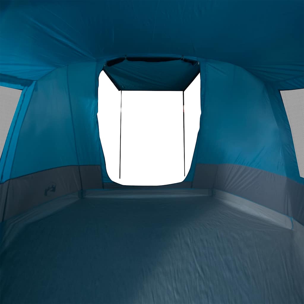 Detail van de blauwe vidaXL tunneltent met een open ventilatierooster aan de bovenkant.