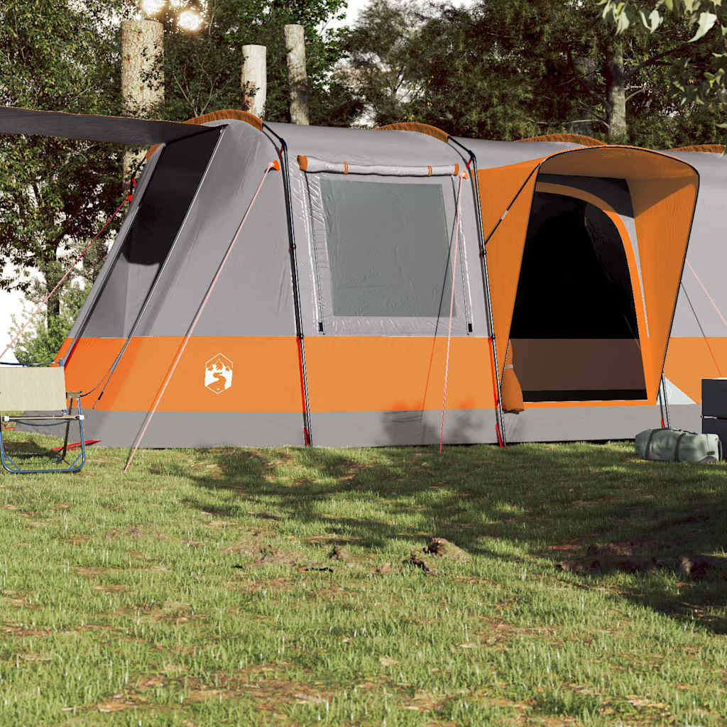Zijaanzicht van de vidaXL 4-persoons tunneltent in grijs en oranje, met ventilatieroosters.