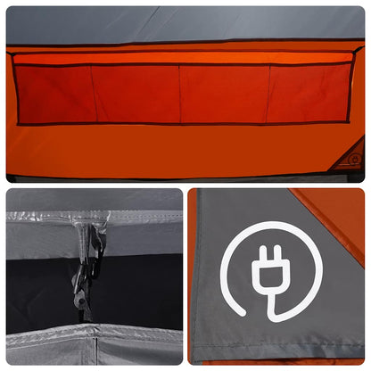 Detail van de oranje binnenzakken en het elektrische aansluitpunt van de vidaXL tunneltent.