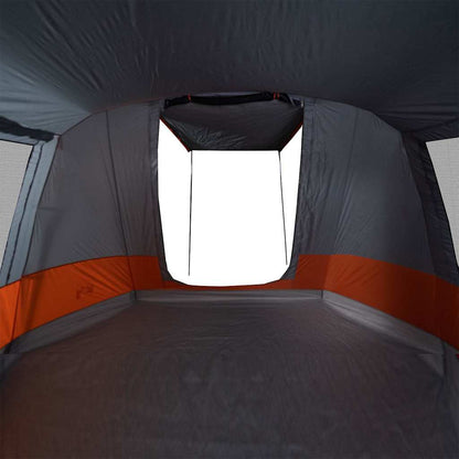Detail van de grijze en oranje vidaXL tunneltent met ventilatierooster aan de bovenkant.