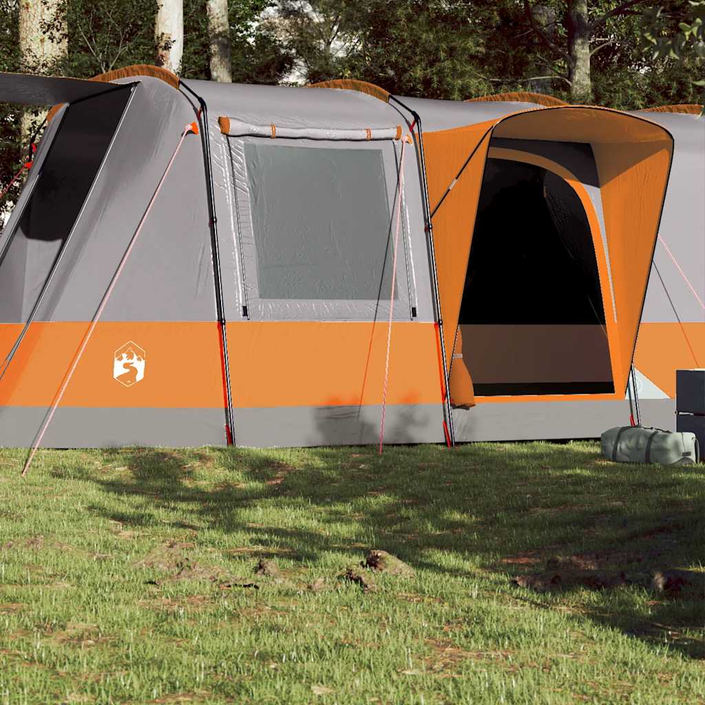 Grijze en oranje vidaXL tunneltent voor 4 personen, zijaanzicht met open ingang.