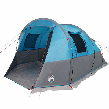 Zijaanzicht van de vidaXL 4-persoons tunneltent in blauw, met ventilatierooster en ingangen.