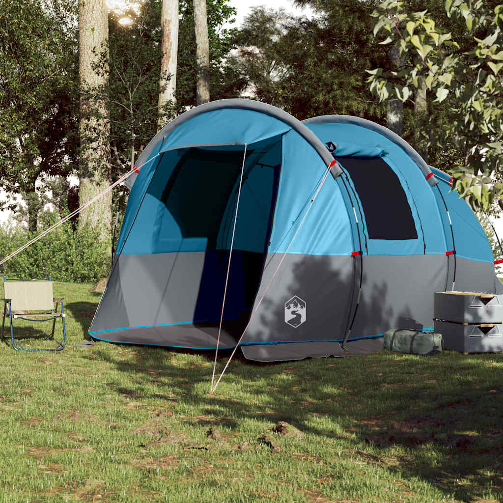 Zijaanzicht van de vidaXL 4-persoons tunneltent in blauw, met open ingang en tentstokken.
