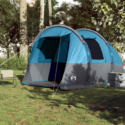 Zijaanzicht van de vidaXL 4-persoons tunneltent in blauw, met open ingang en tentstokken.