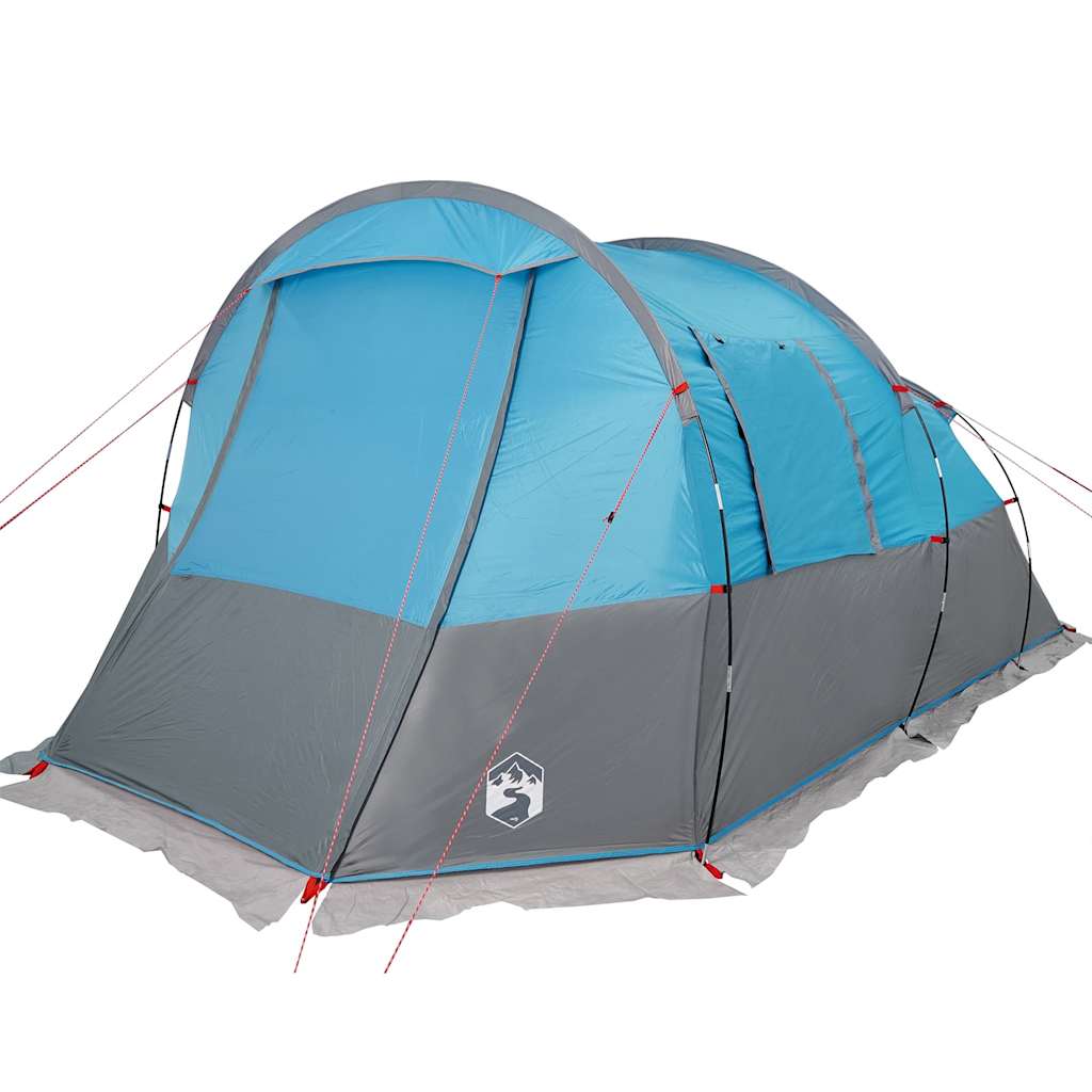 Detail van de vidaXL 4-persoons tunneltent in blauw met grijze accenten en ventilatieopeningen.