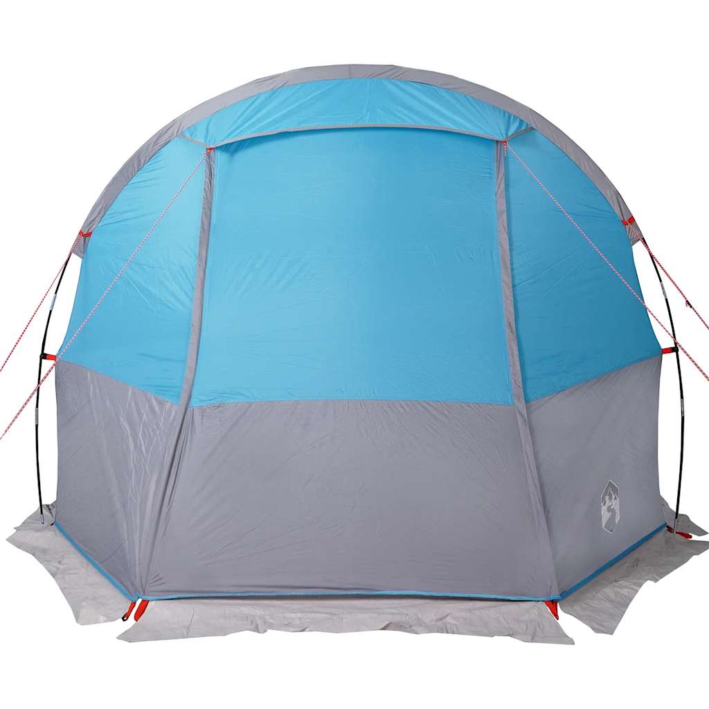 Detail van de vidaXL tunneltent in blauw met grijze onderrand en ventilatieroosters.