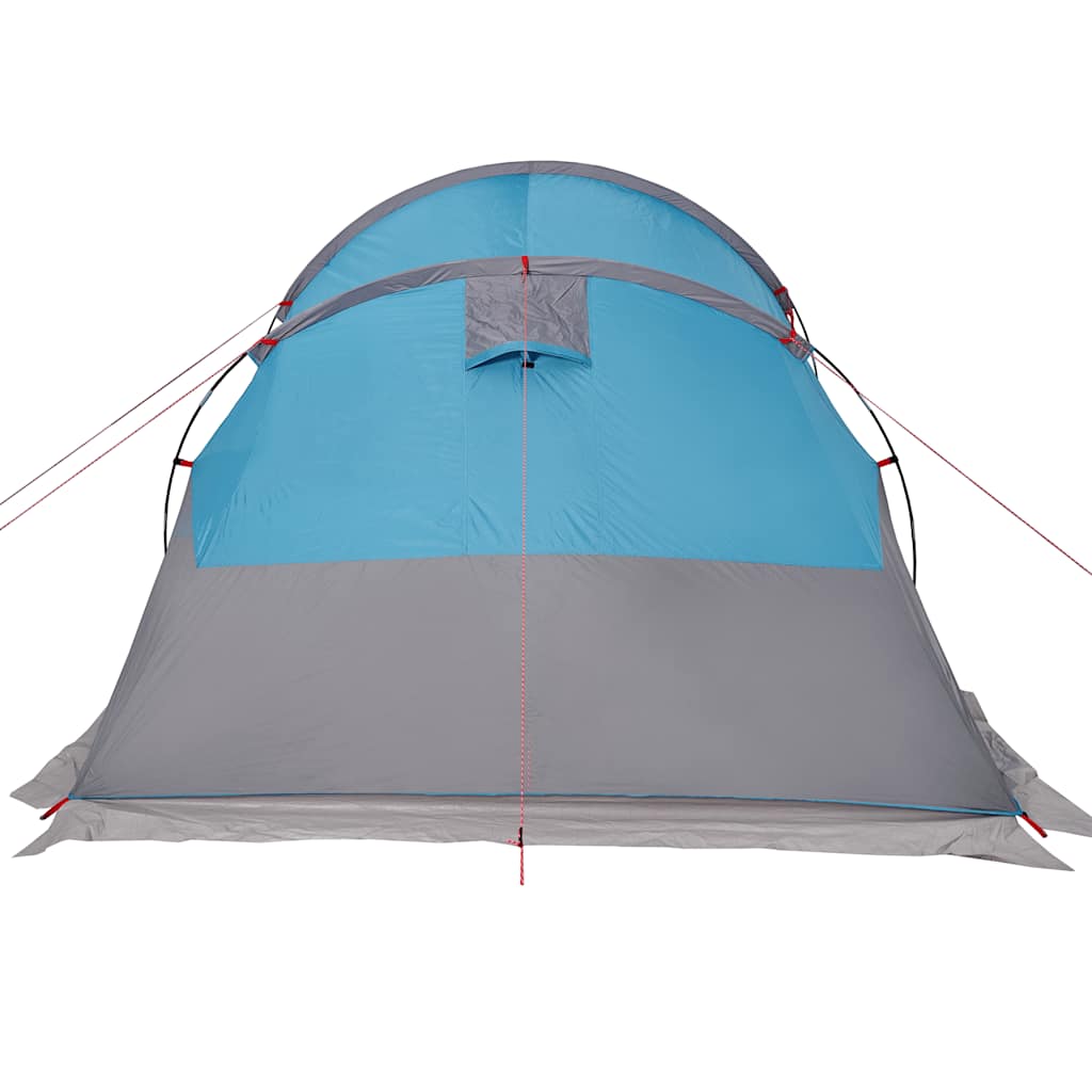 Detail van de vidaXL tunneltent in blauw en grijs, met ventilatierooster aan de voorkant.