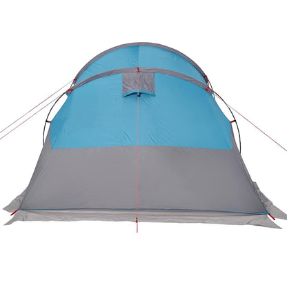 Detail van de vidaXL tunneltent in blauw en grijs, met ventilatierooster aan de voorkant.