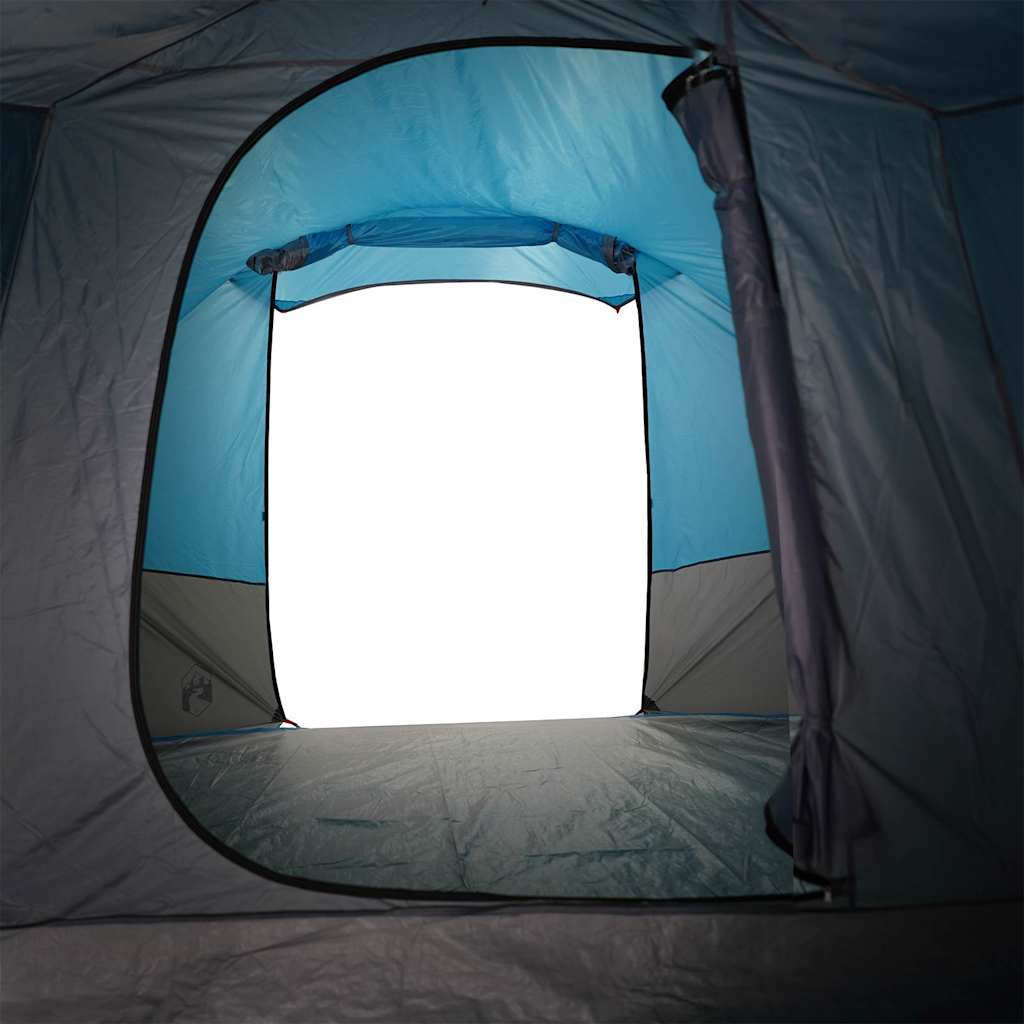 Zijaanzicht van de blauwe vidaXL tunneltent met grote ingang en ventilatieopening.