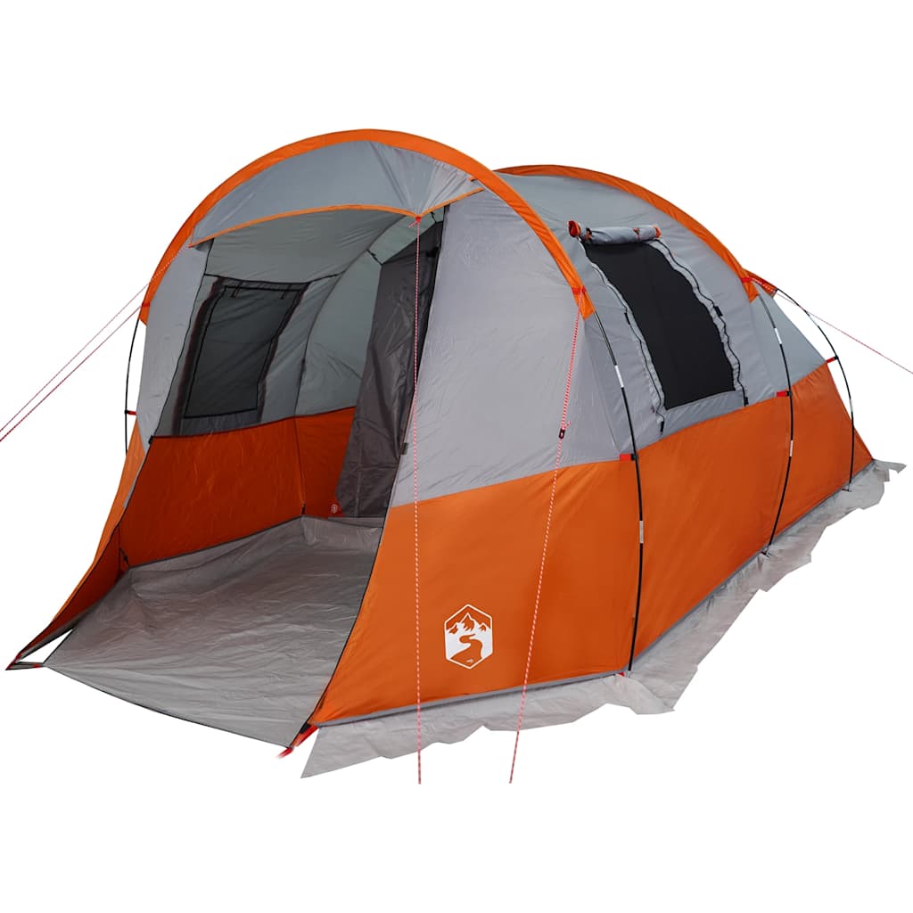 Detail van de vidaXL tunneltent met grijze en oranje kleuren, zijaanzicht van de ingang.