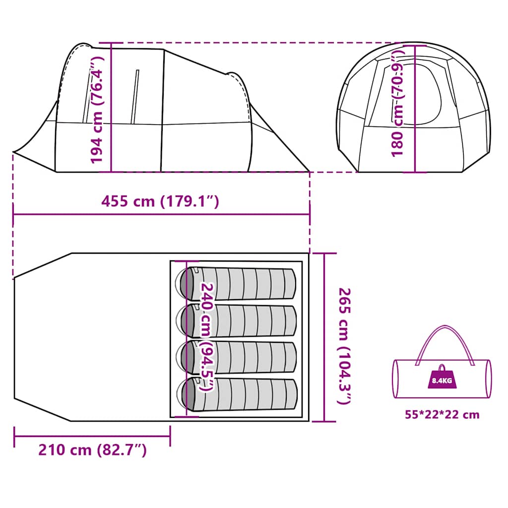 Detail van de afmetingen van de vidaXL 4-persoons tunneltent in grijs en oranje.