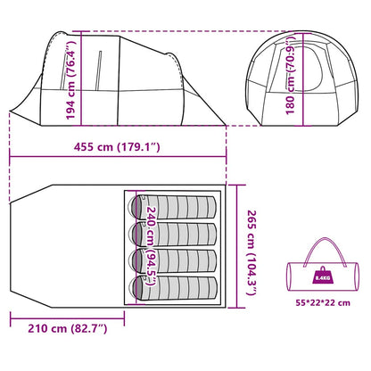 Detail van de afmetingen van de vidaXL 4-persoons tunneltent in grijs en oranje.