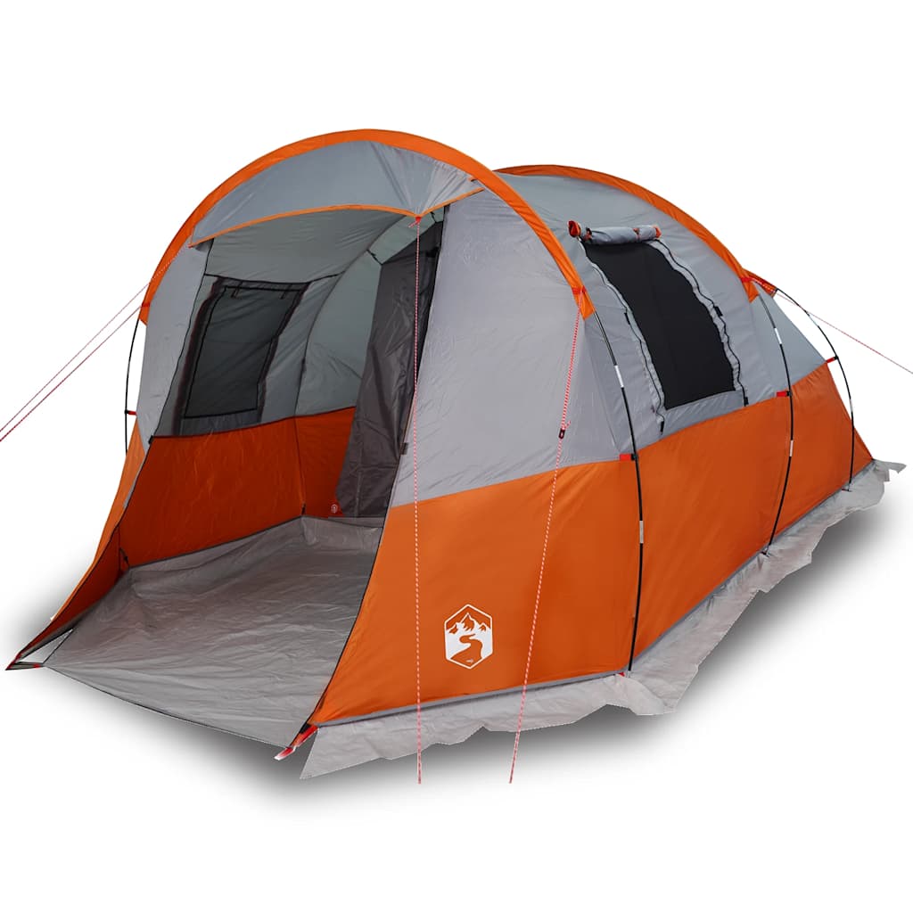 Detail van de vidaXL tunneltent met grijze en oranje kleuren en ingangen aan beide zijden.
