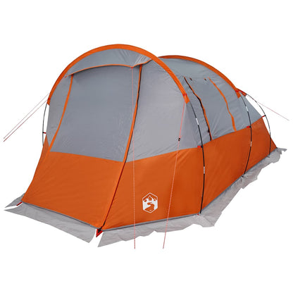Detail van de grijs-oranje vidaXL tunneltent met een ruime ingang en ventilatiewanden.