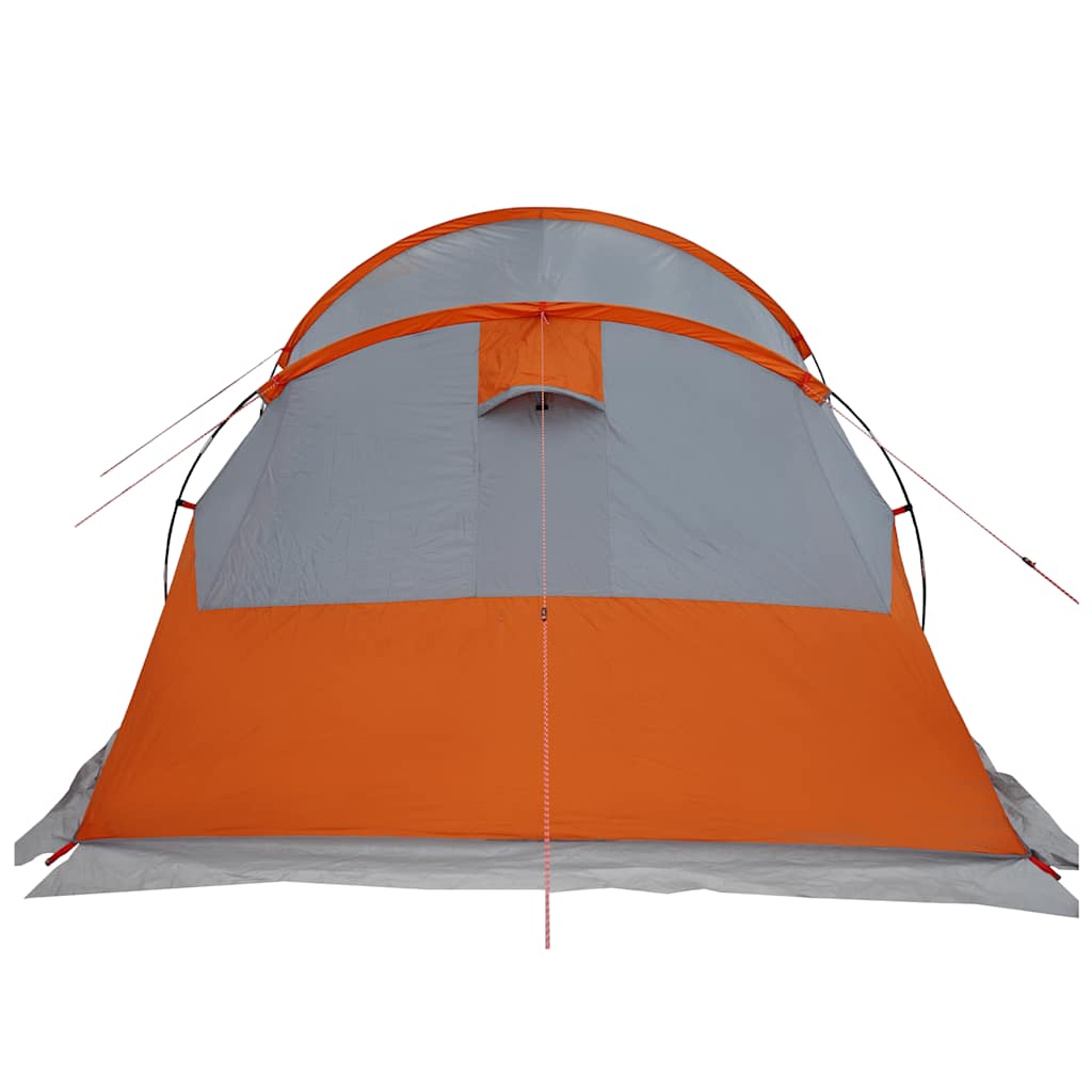 Detail van de grijs-oranje vidaXL tunneltent met ventilatierooster aan de voorkant.