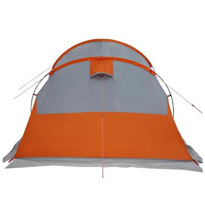 Detail van de grijs-oranje vidaXL tunneltent met ventilatierooster aan de voorkant.