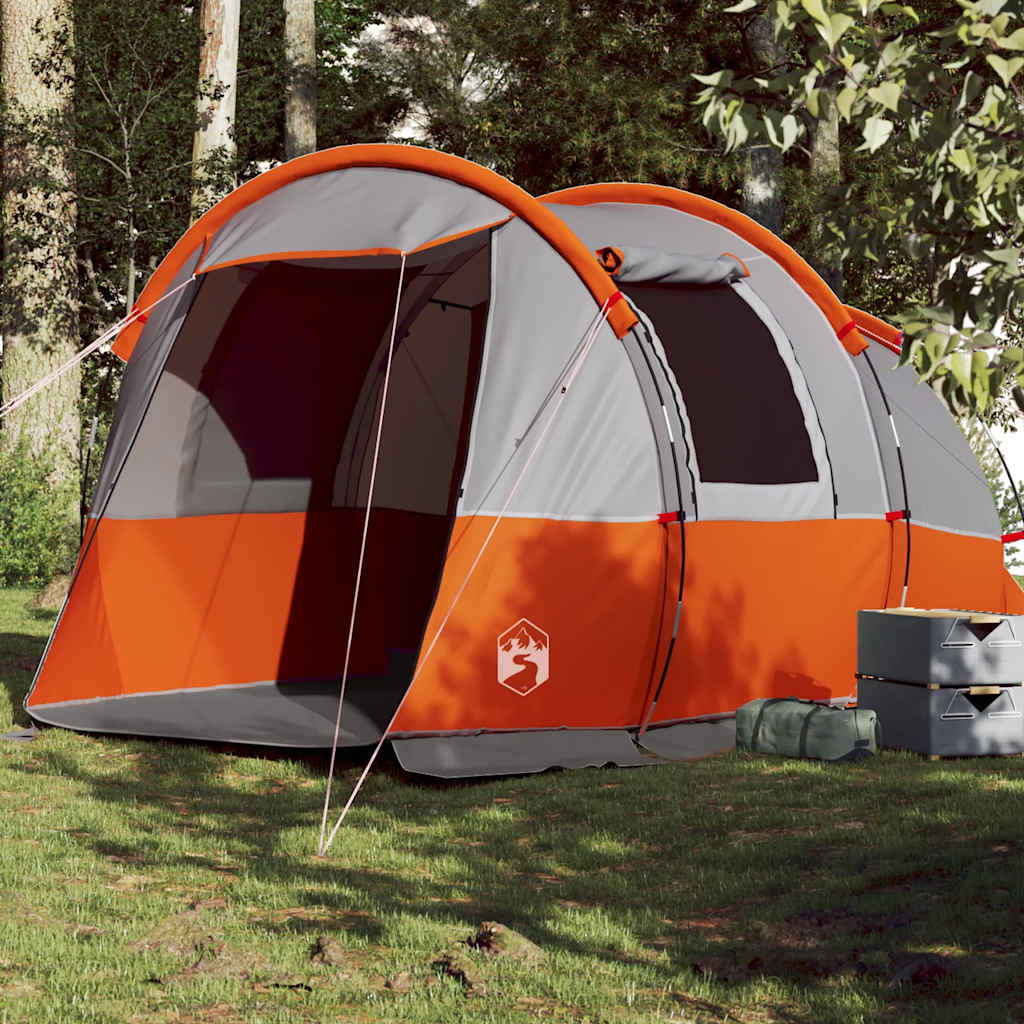 Grijze en oranje vidaXL tunneltent voor 4 personen, opgesteld in de natuur.