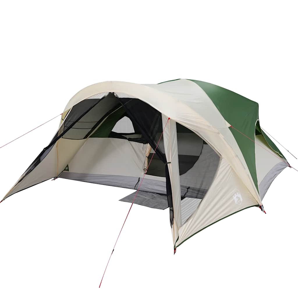 Detail van de vidaXL 6-persoons tent met groen en beige kleuren, zijaanzicht.
