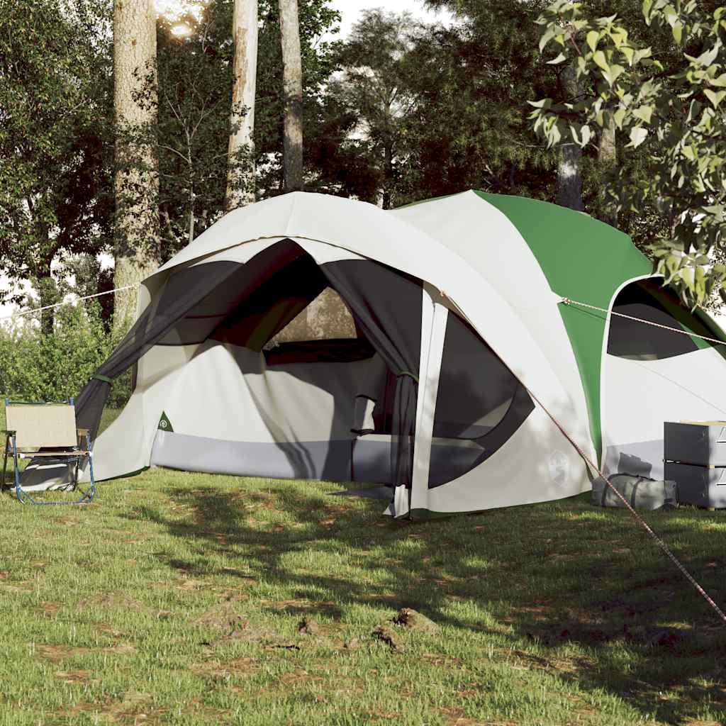 Detail van de vidaXL 6-persoons tent in groen met een open ingang en zijaanzicht.
