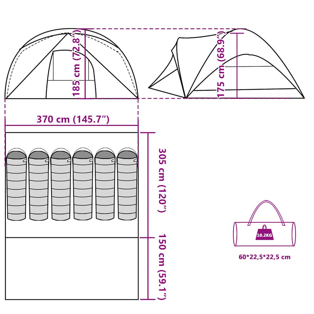 Detail van de afmetingen en ontwerp van de vidaXL 6-persoons tent in groen.
