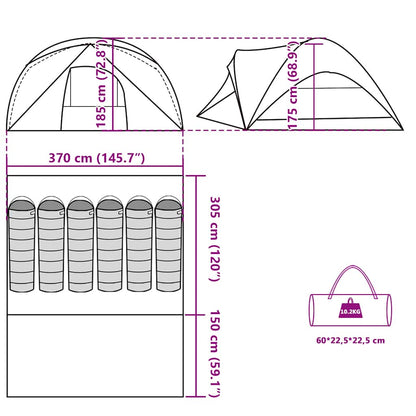 Detail van de afmetingen en ontwerp van de vidaXL 6-persoons tent in groen.