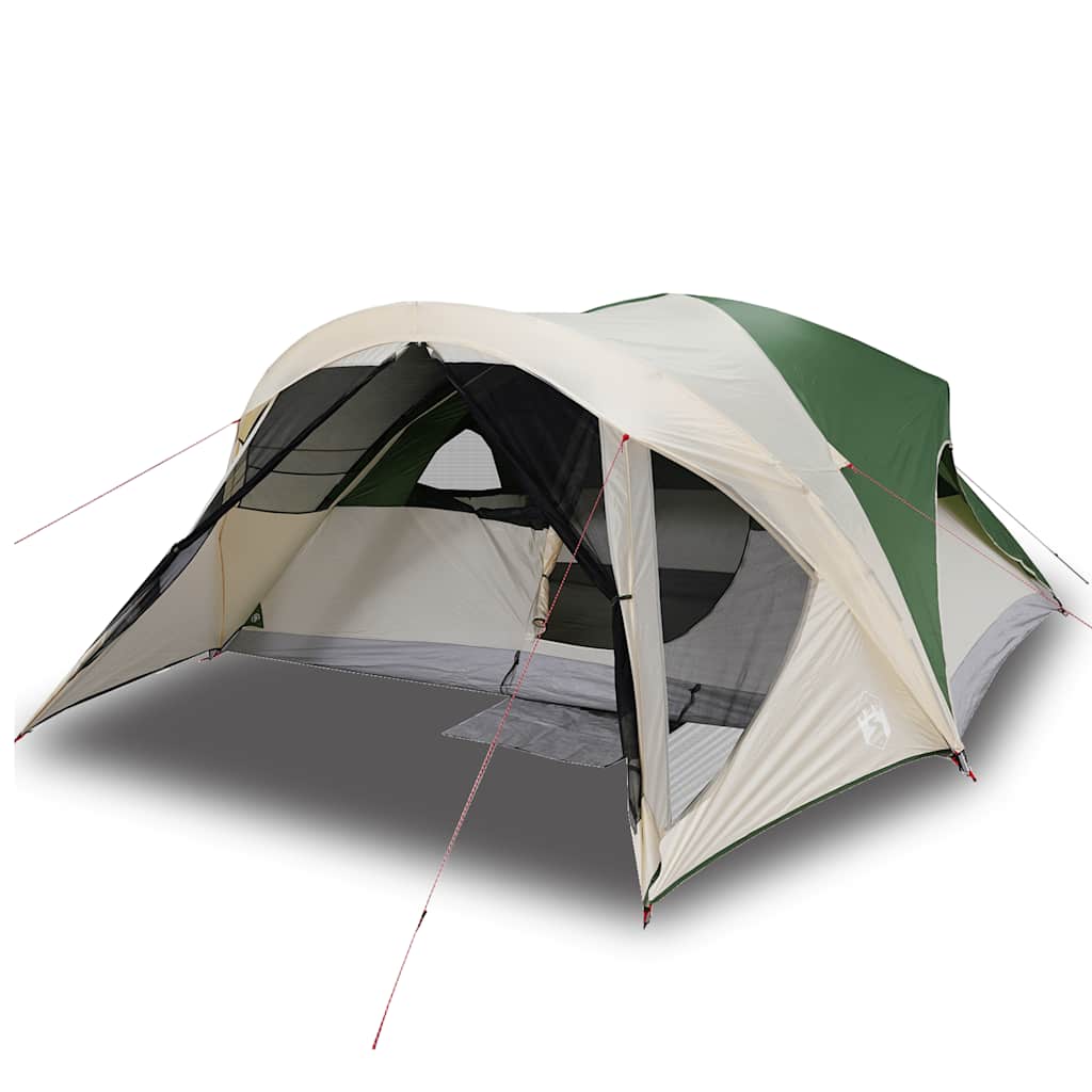 Detail van de vidaXL 6-persoons tent in groen en beige met open ingang.