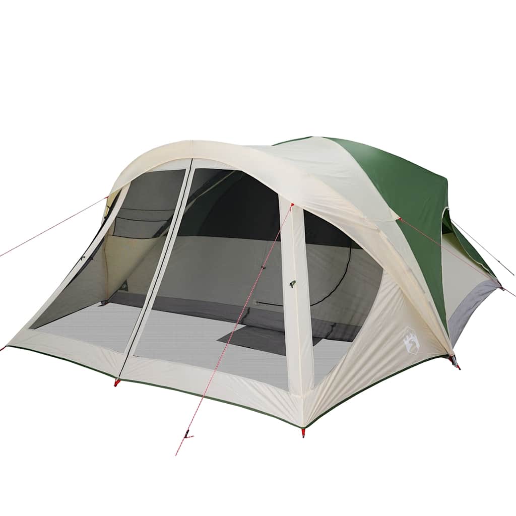 Detail van de vidaXL 6-persoons tent met groene en beige kleuren, zijaanzicht met ventilatieroosters.