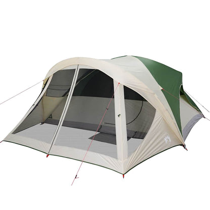 Detail van de vidaXL 6-persoons tent met groene en beige kleuren, zijaanzicht met ventilatieroosters.