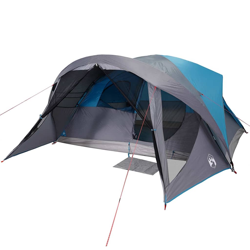 Zijaanzicht van de vidaXL 6-persoons tent in blauw en grijs met ingangen en ventilatie.
