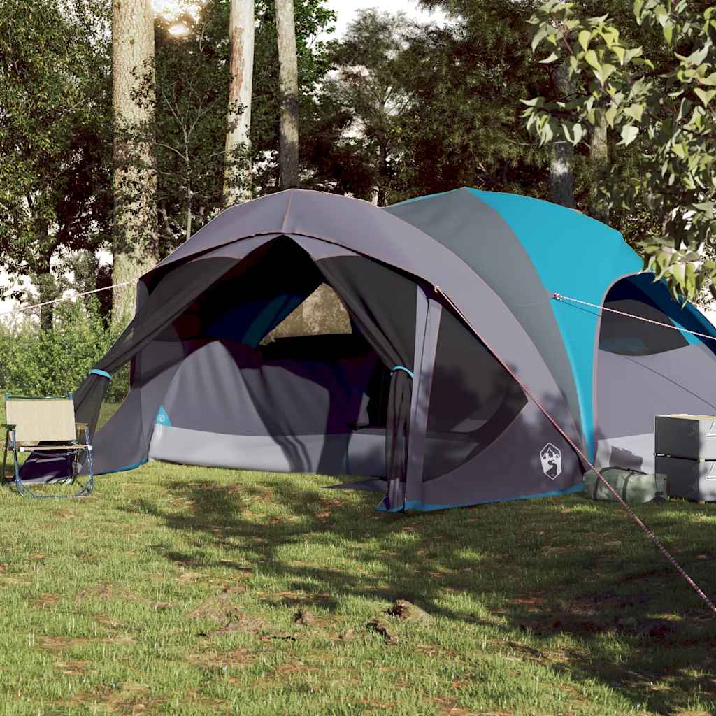 Detail van de vidaXL 6-persoons tent in blauw en grijs, met open ingang en ventilatie.