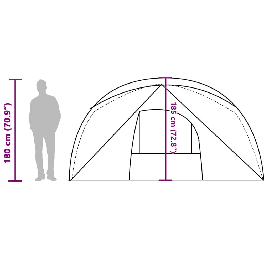 Zijaanzicht van de vidaXL 6-persoons tent met afmetingen en deuropening.