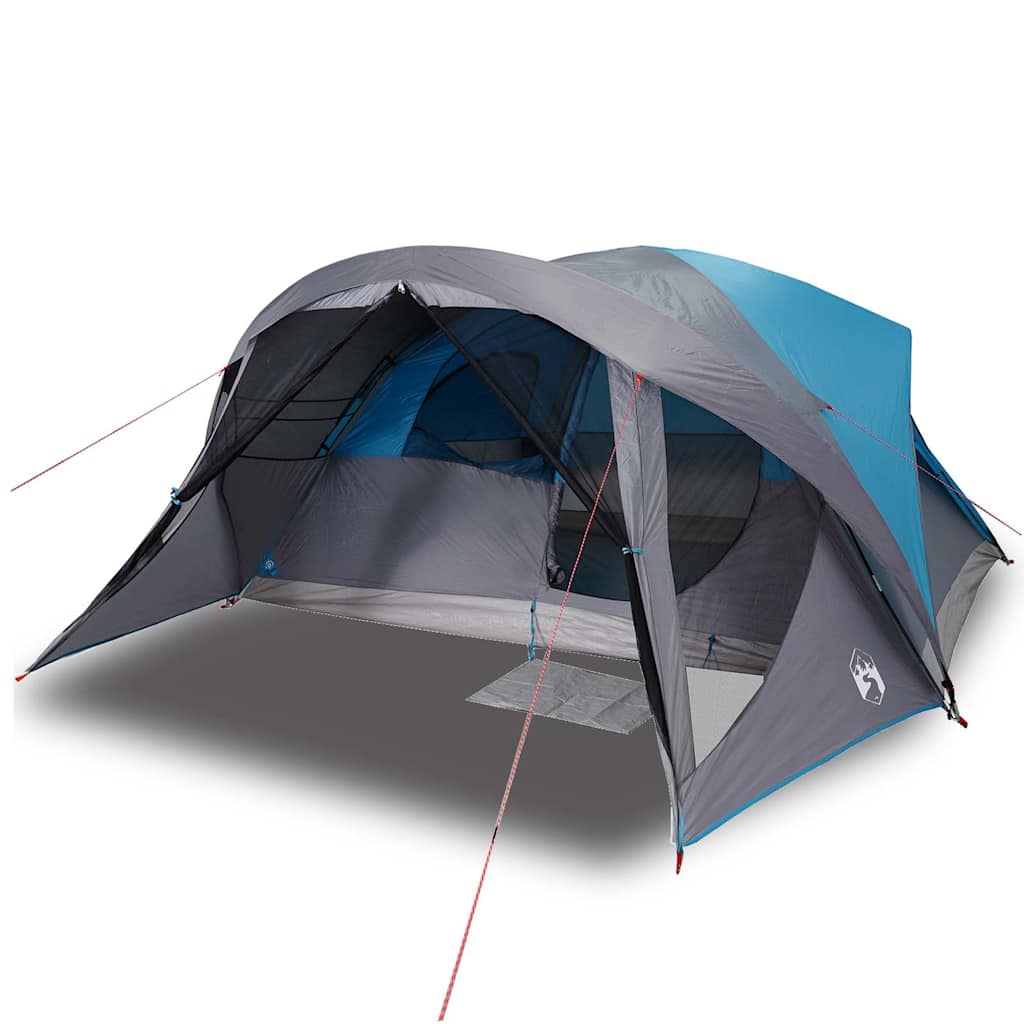 Detail van de vidaXL 6-persoons tent in blauw en grijs, zijaanzicht met ventilatieopeningen.