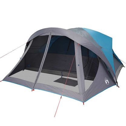 Zijaanzicht van de vidaXL 6-persoons tent met waterdichte grijze en blauwe kleuren.