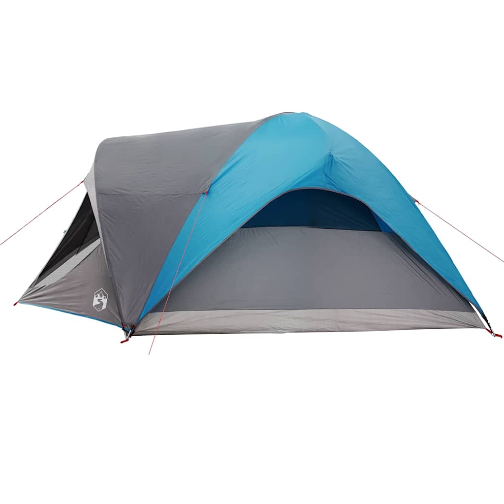 Zijaanzicht van de vidaXL 6-persoons tent in blauw en grijs, met open ingang.
