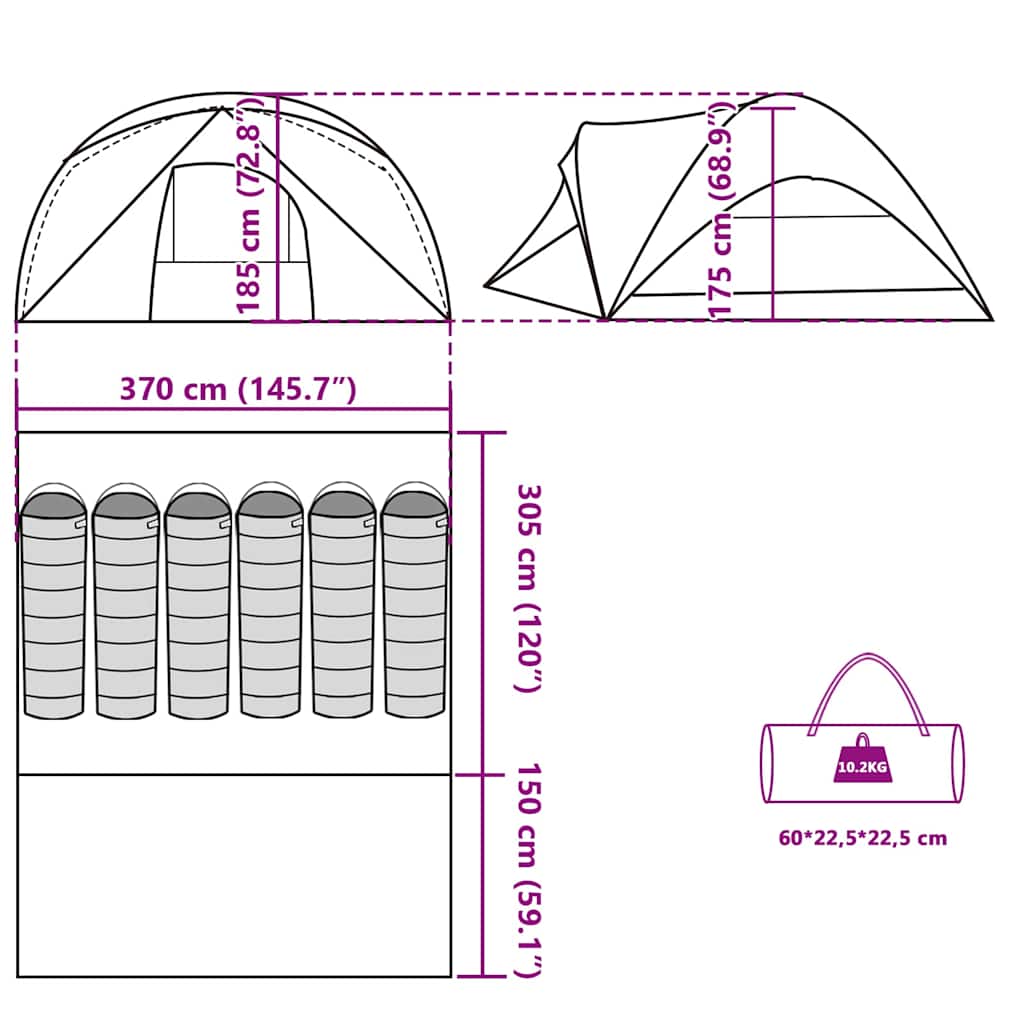 Detailweergave van de afmetingen en specificaties van de vidaXL 6-persoons tent.