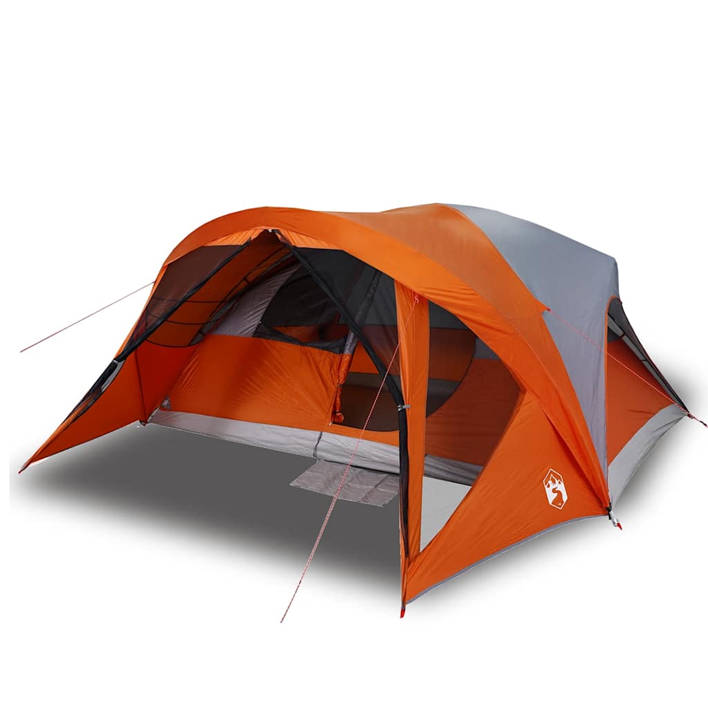 Detail van de vidaXL gezinstent in grijs en oranje met open ingang en ventilatieroosters.