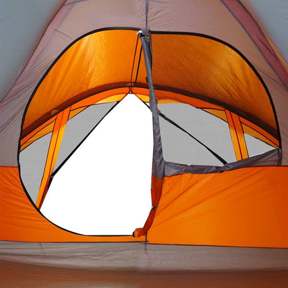 Detail van de E-poort van de vidaXL gezinstent, met oranje en grijze accenten.