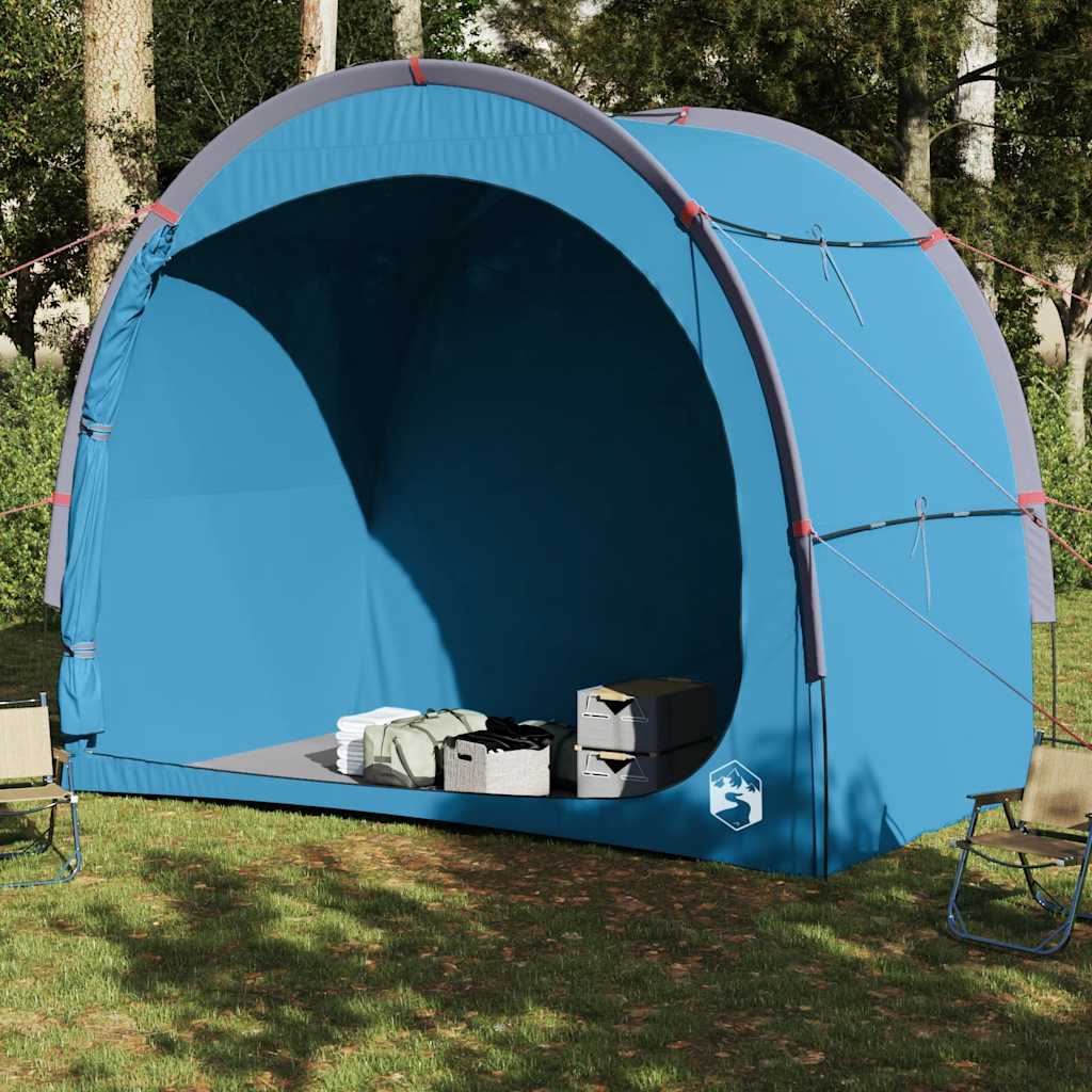 Zijaanzicht van de vidaXL waterdichte opbergtent in blauw met opbergboxen binnenin.
