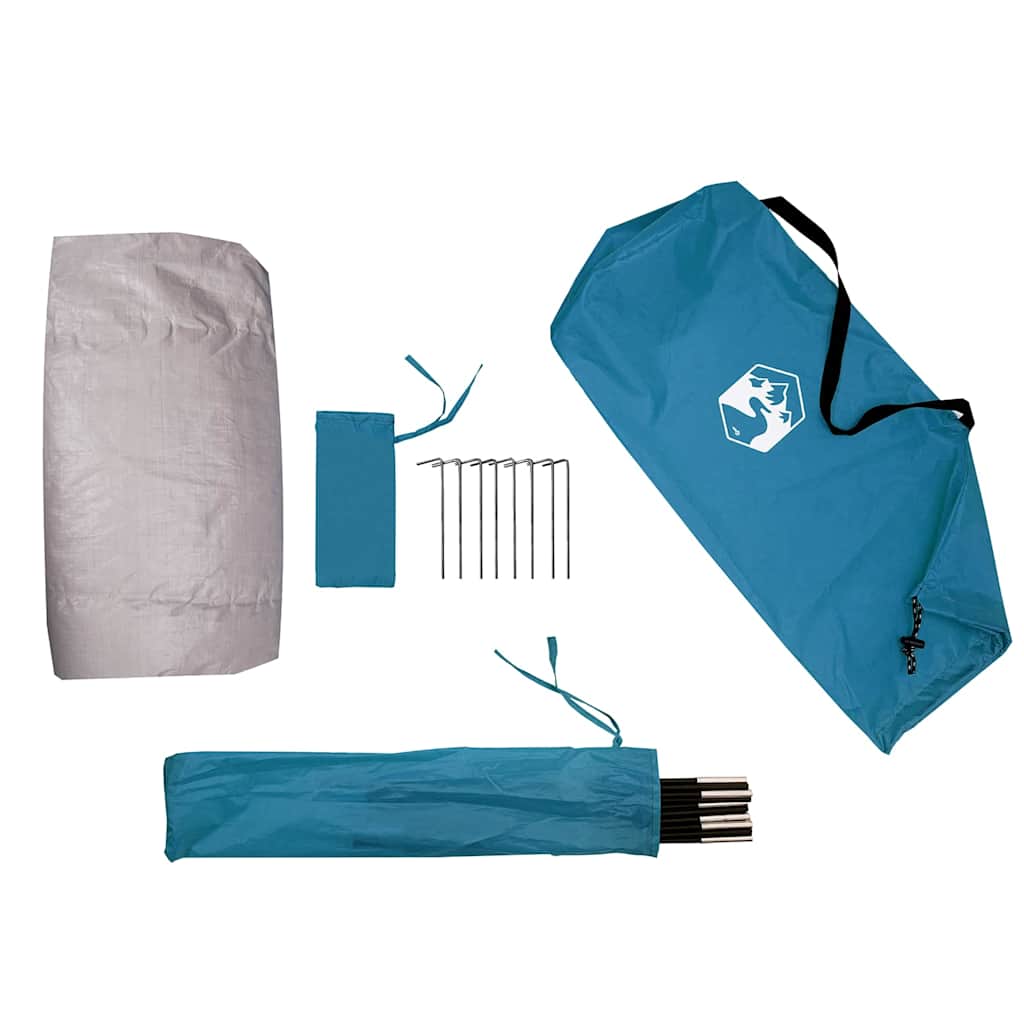 Detail van de vidaXL opbergtent in blauw met accessoires en draagtas.