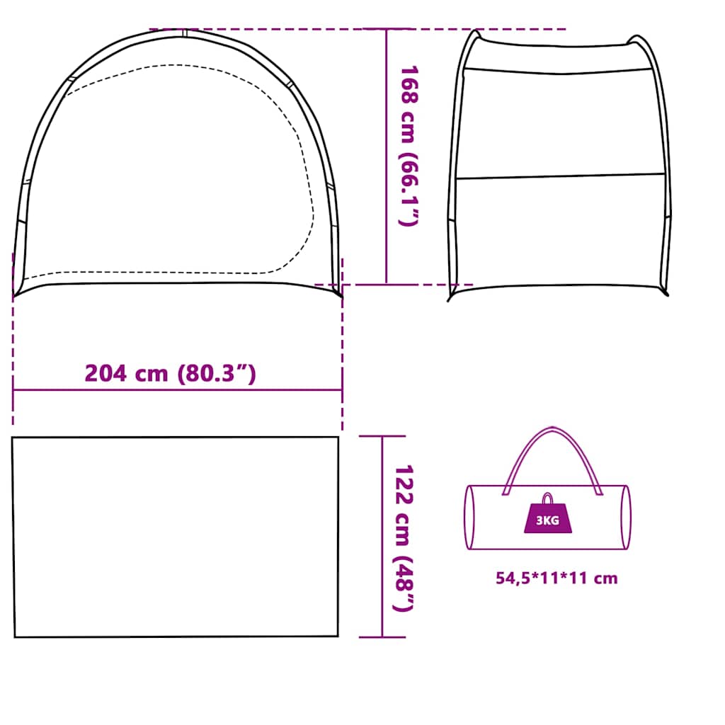Detail van de afmetingen en draagtas van de vidaXL waterdichte opbergtent.