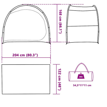Detail van de afmetingen en draagtas van de vidaXL waterdichte opbergtent.